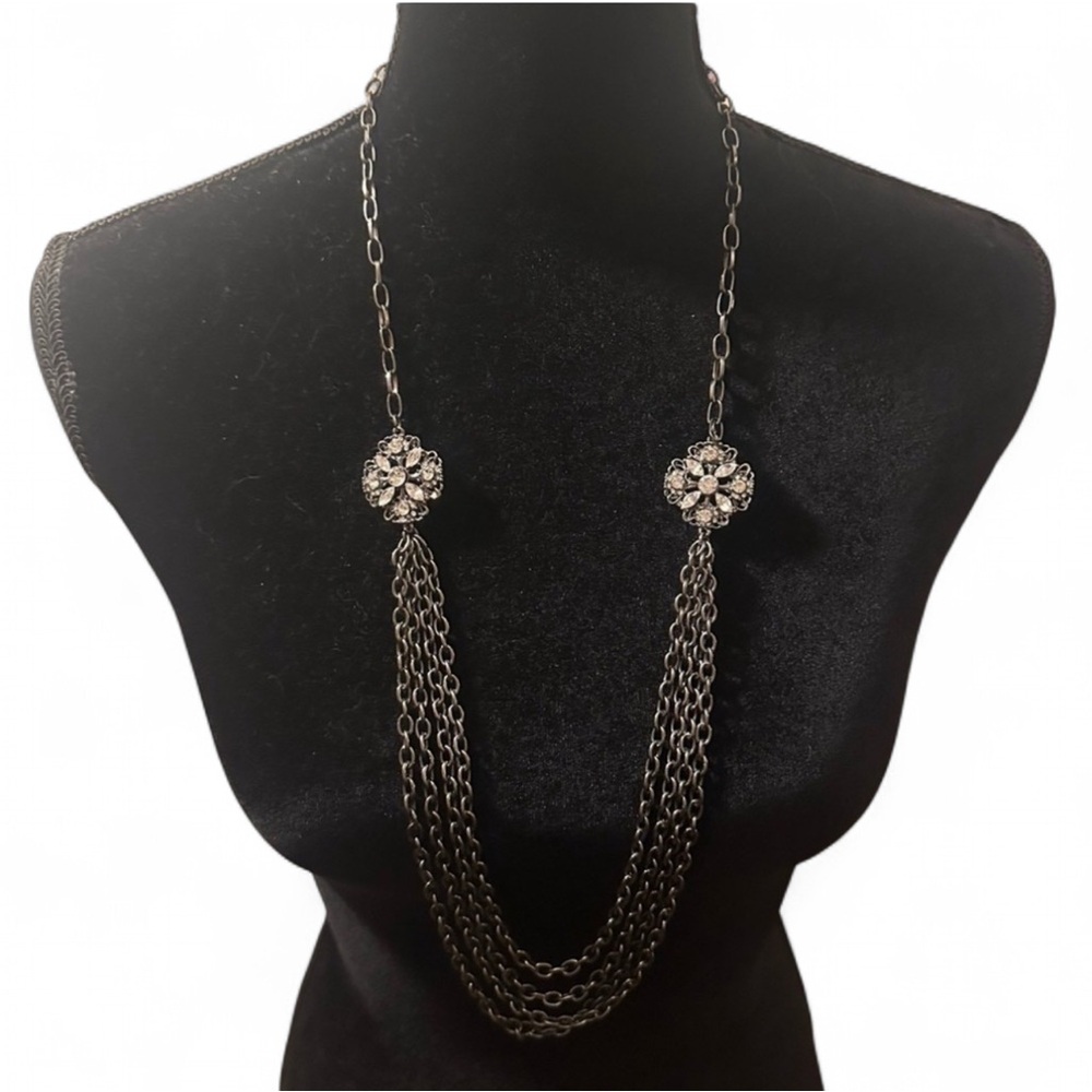 Silver Chains Statement Necklace CZ Flower Accents 24”